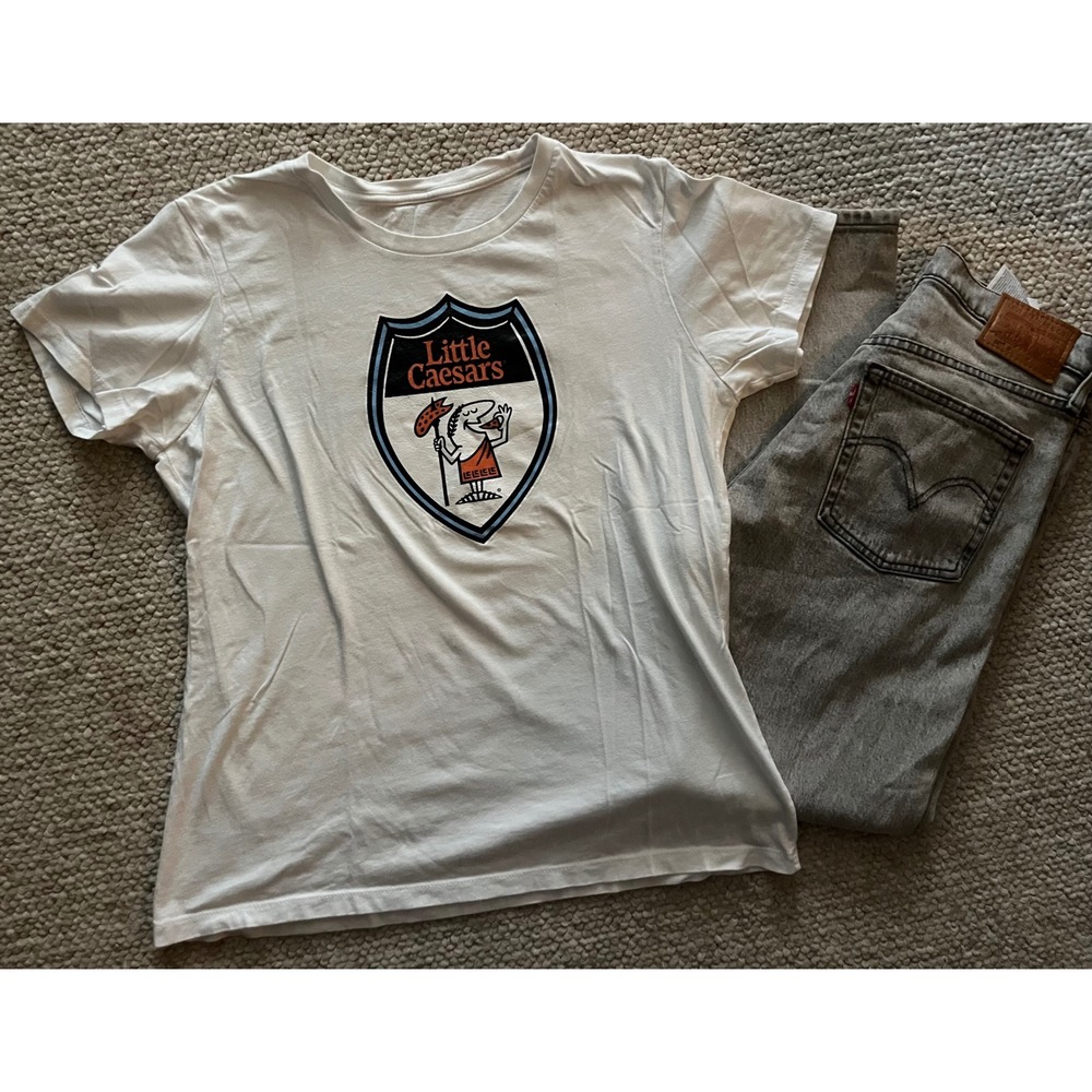 Little Caesars Pizza Graphic T-Shirt White Short Sleeve Crew Neck Mascot Tee sm